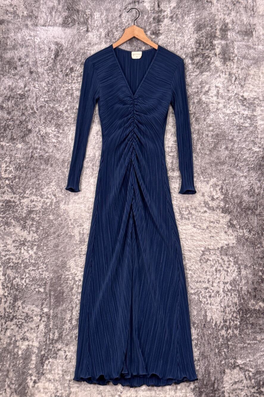 Mayle Vasquez Dress Small Womens Plisse Pleat Blue Slit Front Maxi Long Sleeve